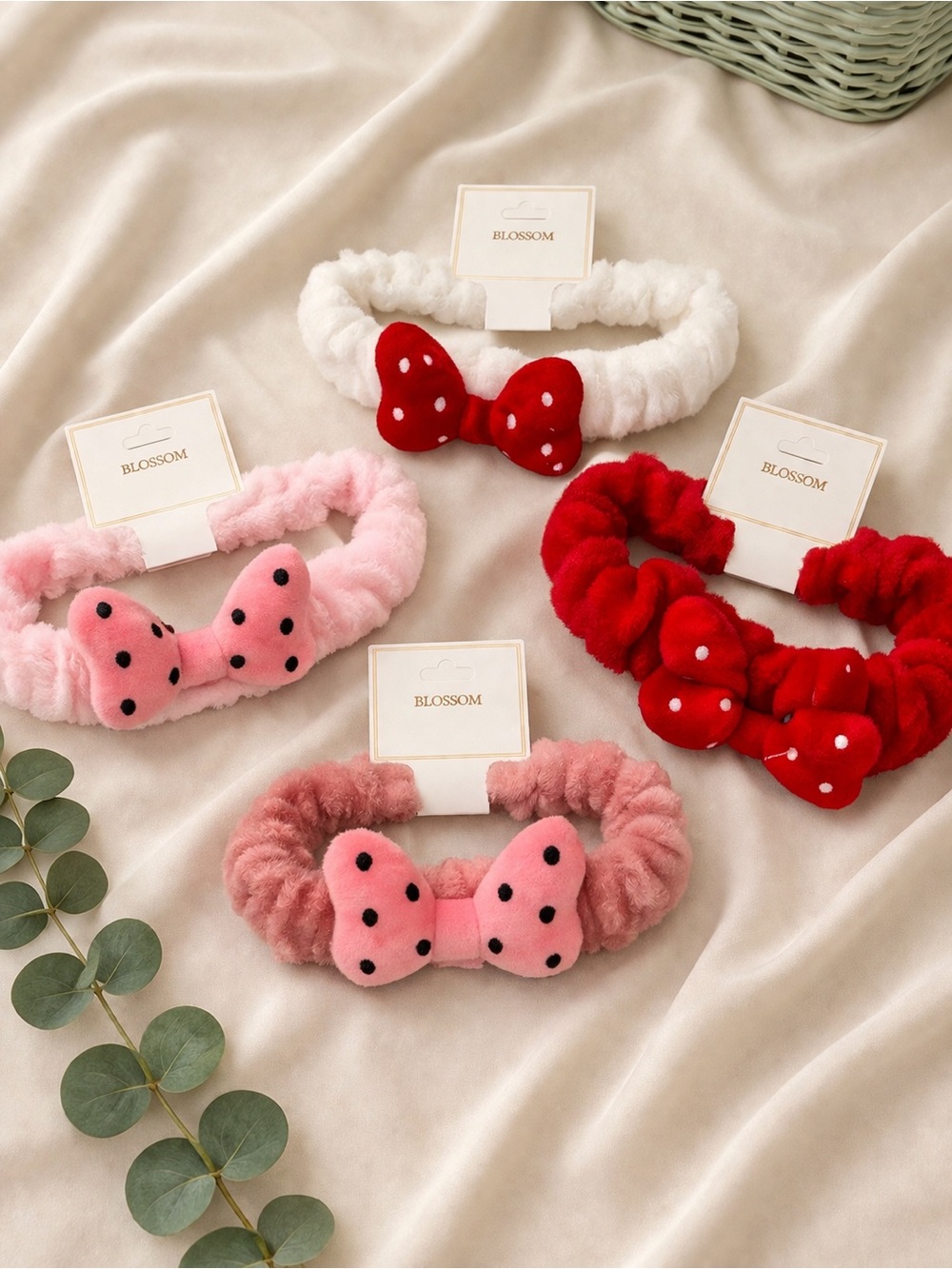 Plush Spa Headband Bow Set Soft Makeup Skincare Headbands Cute Polka Dot